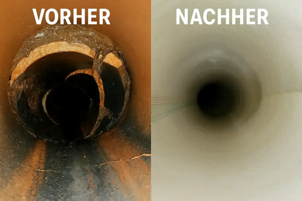 Vorher-Nachher Darstellung einer Kanalsanierung durch die Rohrreinigung in der Nähe